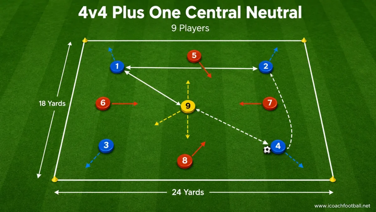 Four-versus-four possession game with one central neutral supporting the team in possession.