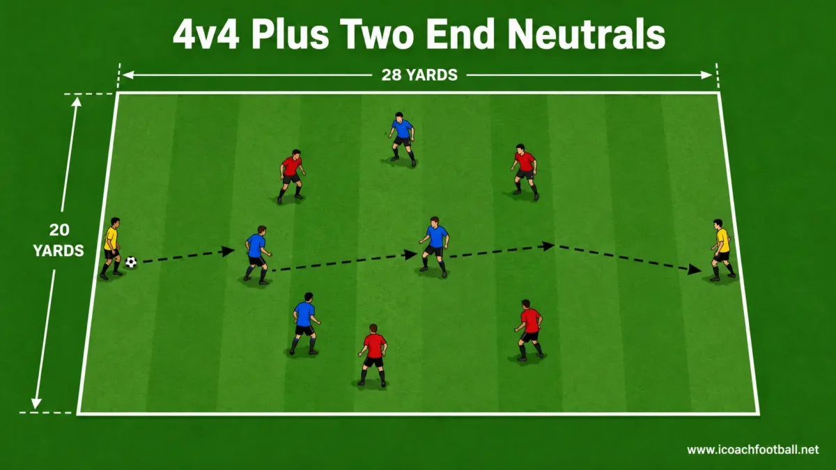 Four-versus-four possession game with two neutral players positioned on opposite end lines.