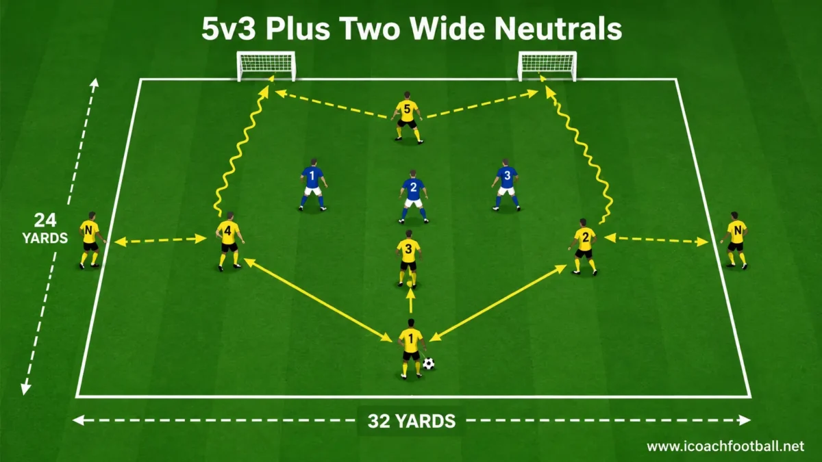 Five attackers playing against three defenders with two wide neutral players and mini goals.