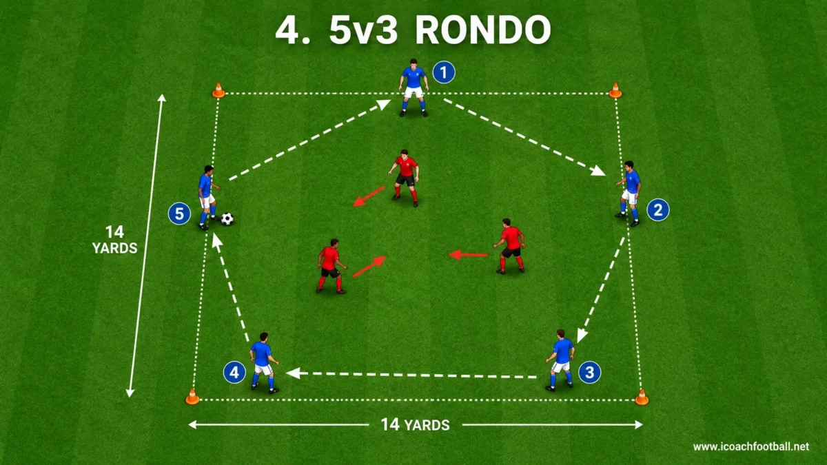 Five attackers keeping possession against three defenders inside a 14 by 14-yard rondo