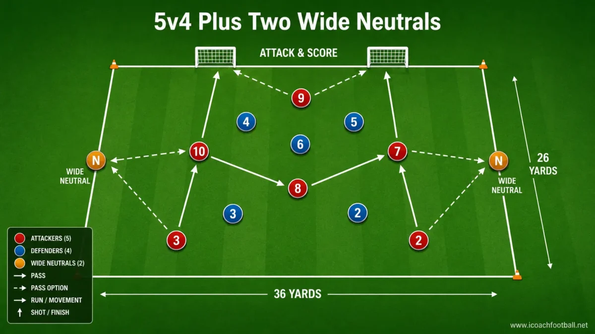 Five attackers playing against four defenders with two wide neutrals and two mini goals.