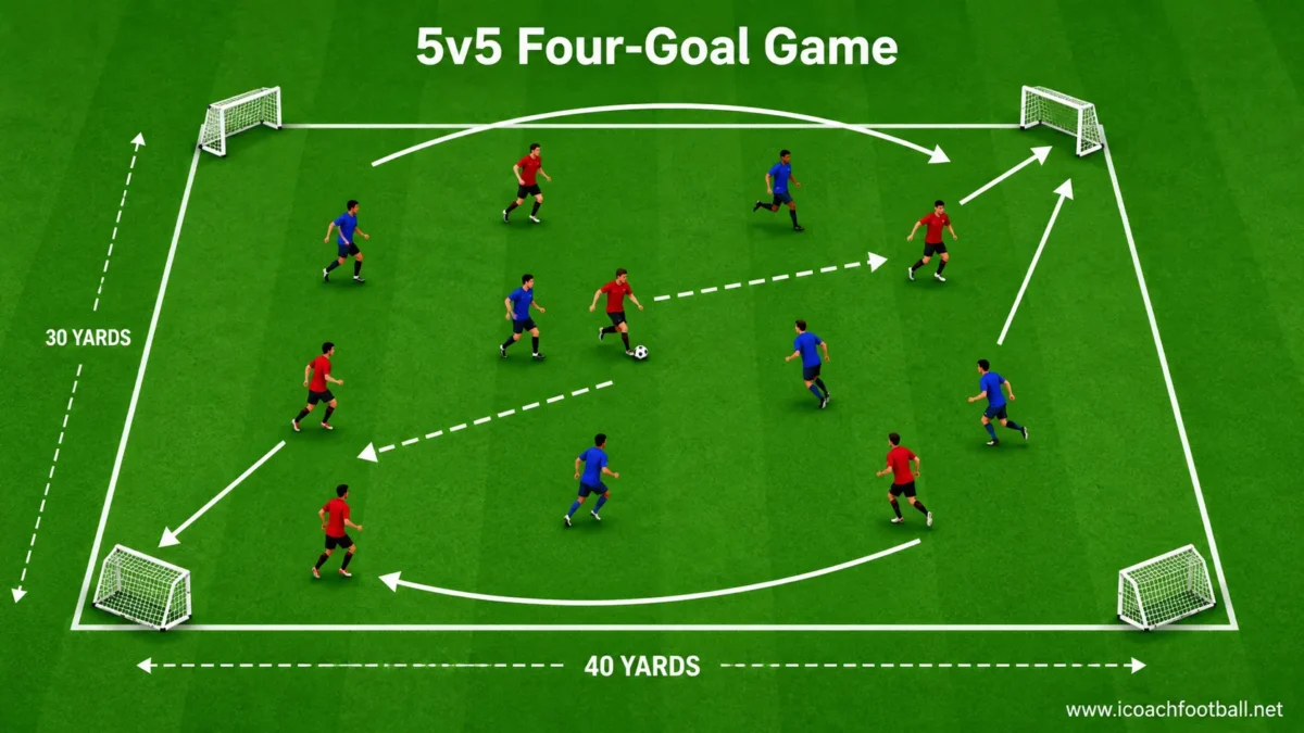 Five-versus-five small-sided soccer game with four mini goals positioned in the corners.
