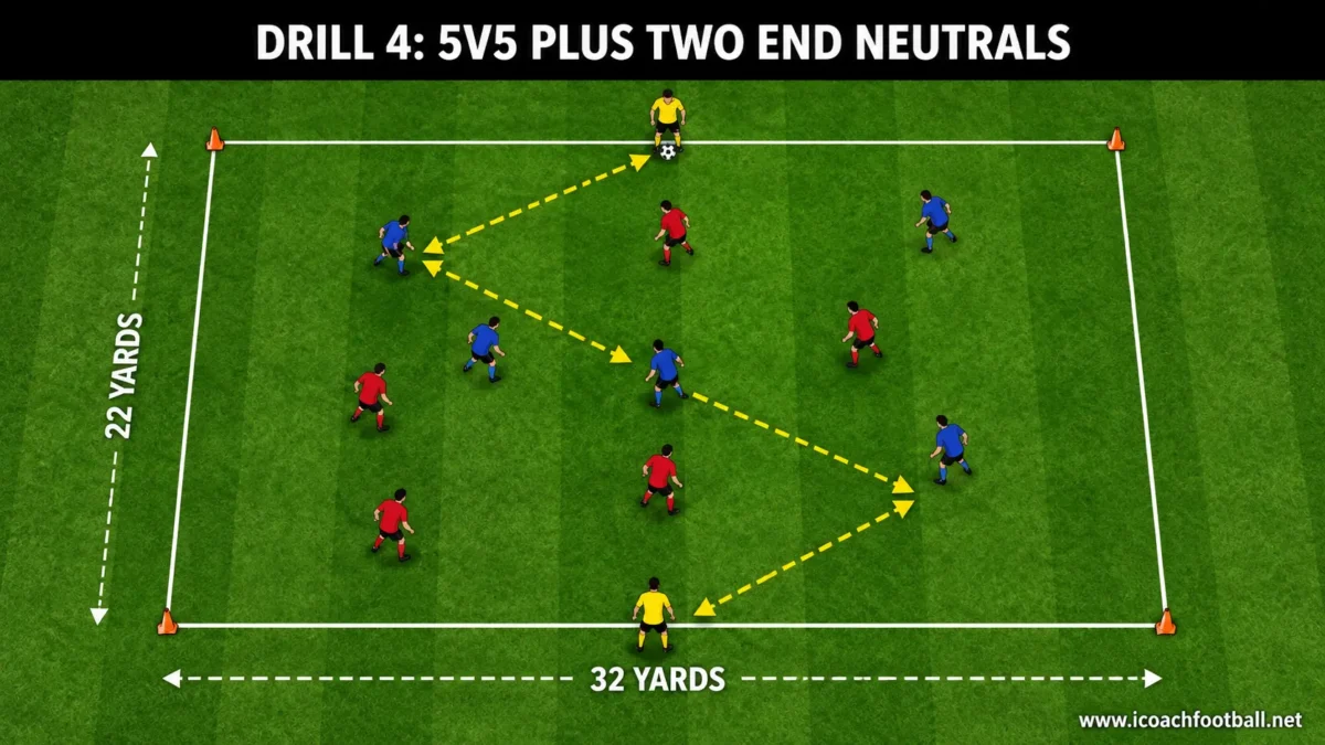 5v5 Plus Two End Neutrals Possession Drill Five-versus-five possession game with two neutral players positioned on opposite end lines.