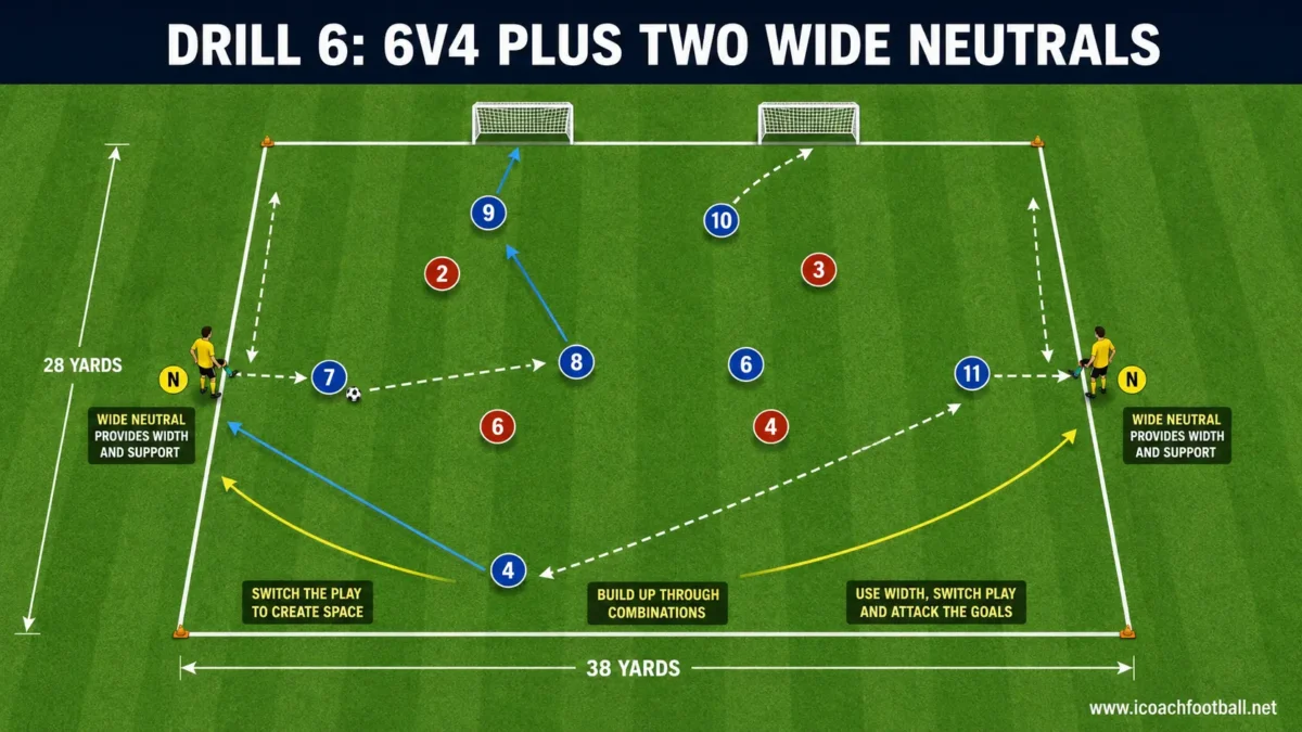 6v4 Plus Two Wide Neutrals Attacking Drill Six attackers playing against four defenders with two wide neutrals and mini goals.