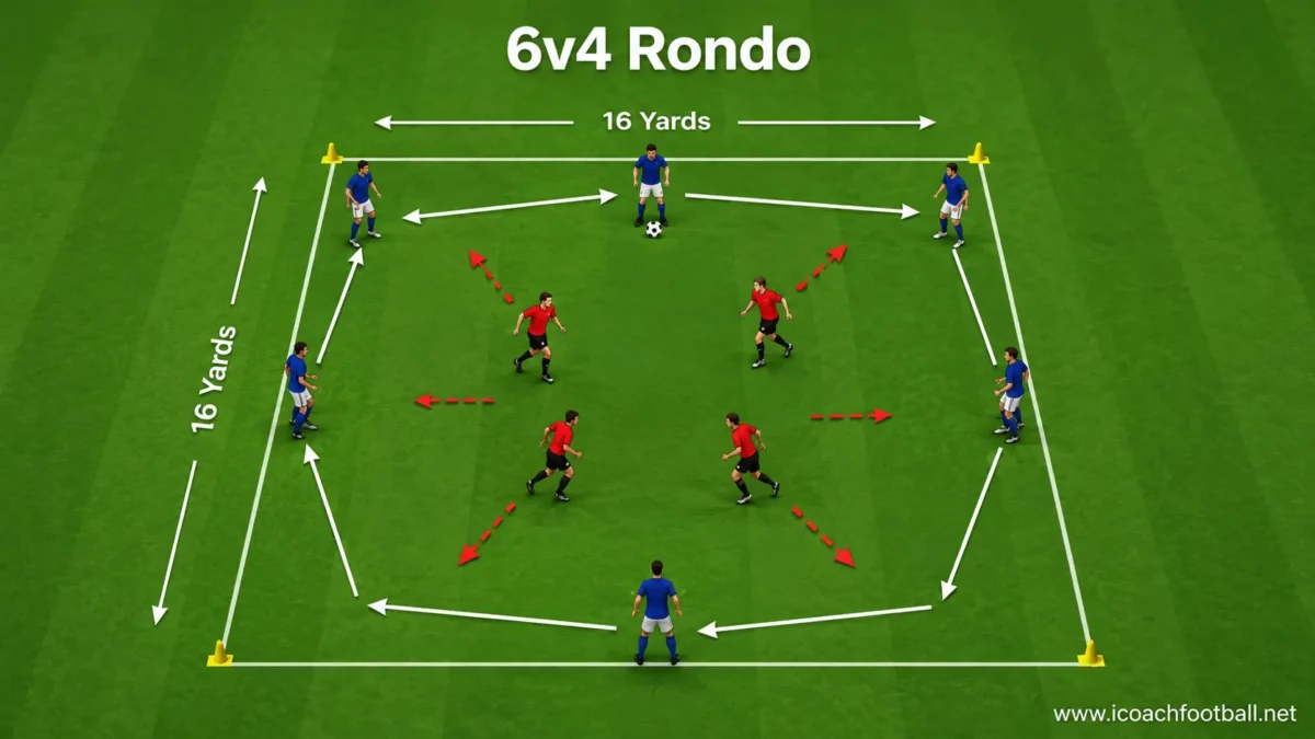 Six possession players keeping the ball against four defenders inside a rondo square.
