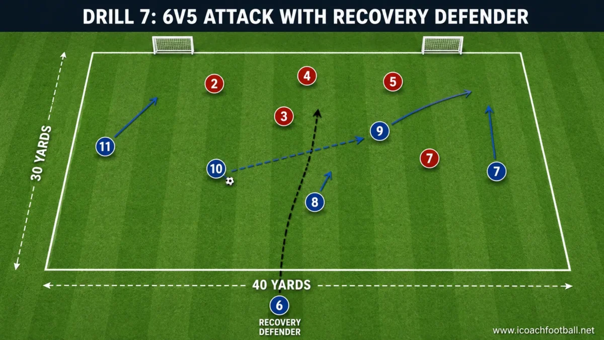 6v5 Attack With Recovery Defender Six attackers playing against five defenders while a sixth defender makes a recovery run.