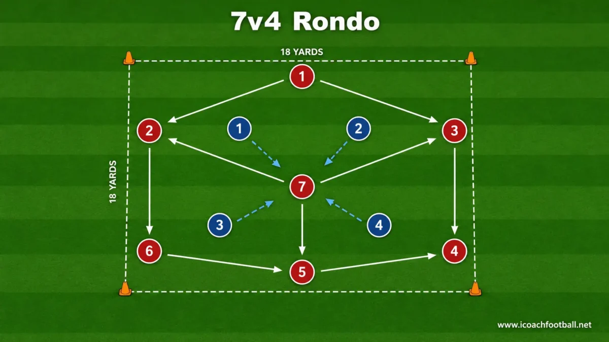 Seven possession players keeping the ball against four defenders inside a compact rondo area.