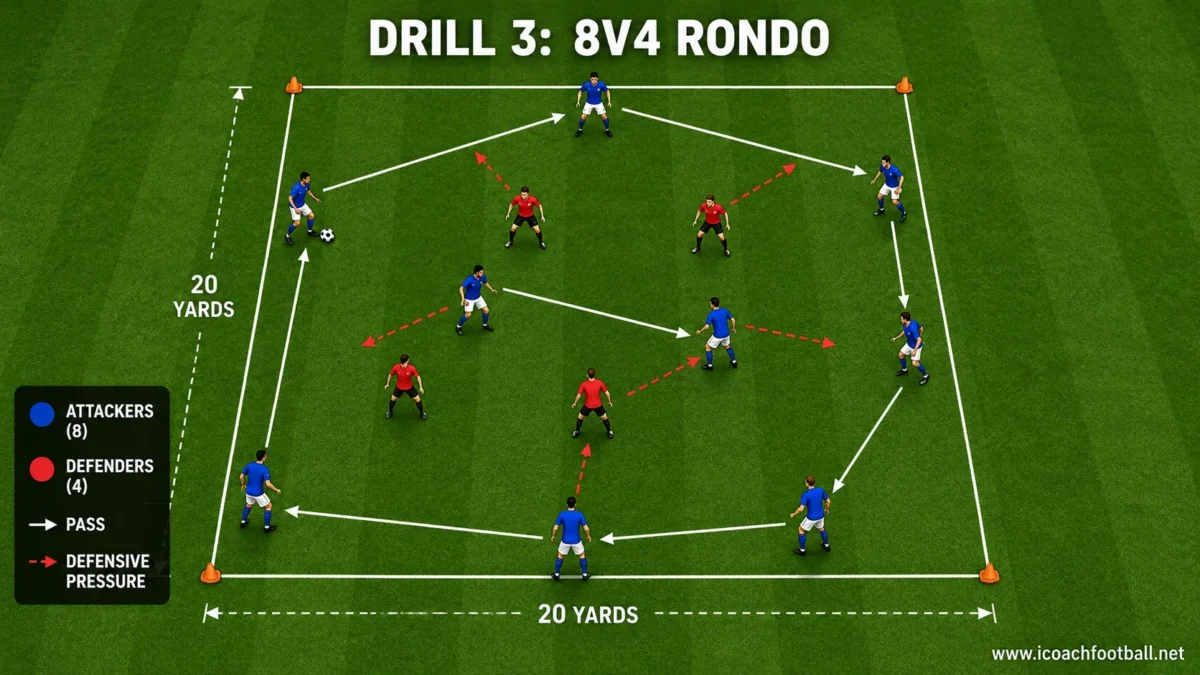 8v4 Rondo Drill for 12 Players Eight possession players keeping the ball against four defenders inside a 20-yard rondo.