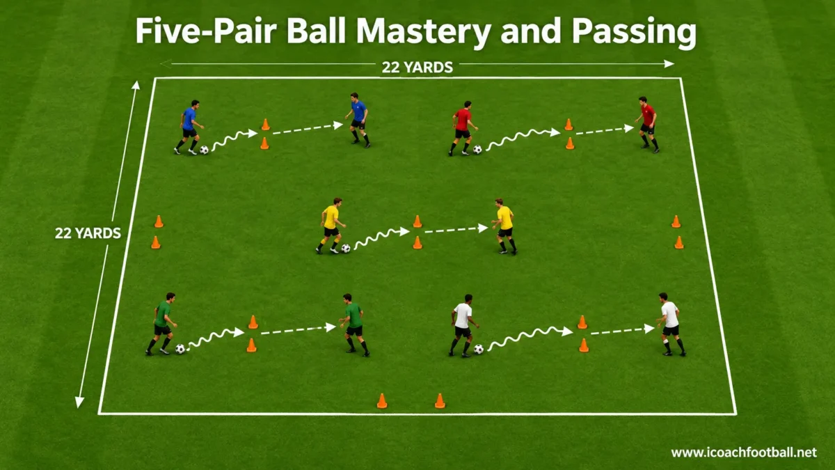 Five pairs of soccer players completing ball mastery and passing movements through cone gates.