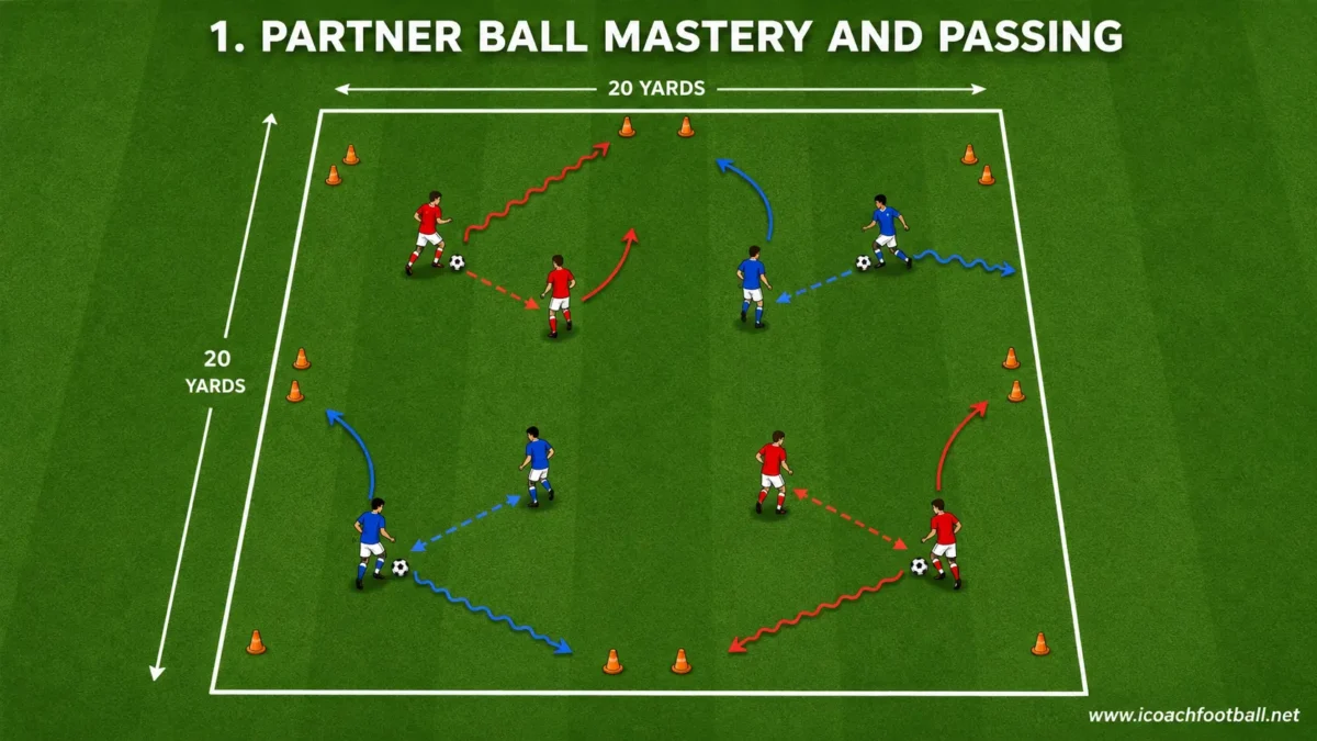Four pairs of soccer players completing ball mastery and passing movements through cone gates