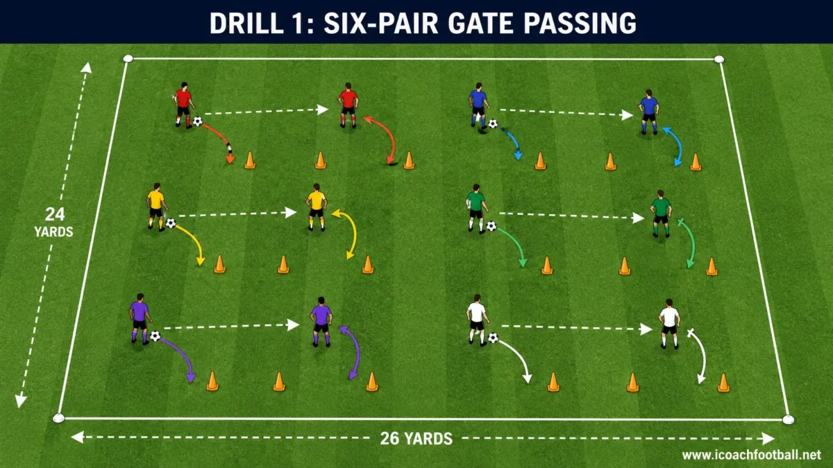 Six-Pair Gate Passing Drill for 12 Players Six pairs of soccer players passing through cone gates inside a shared training area.