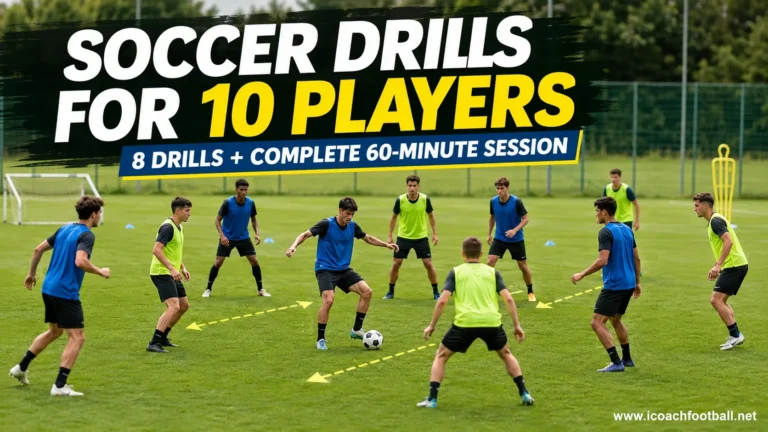 Ten soccer players training in a balanced small-sided session with cones, bibs and mini goals.