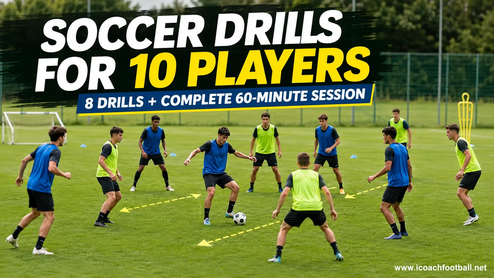 Ten soccer players training in a balanced small-sided session with cones, bibs and mini goals.