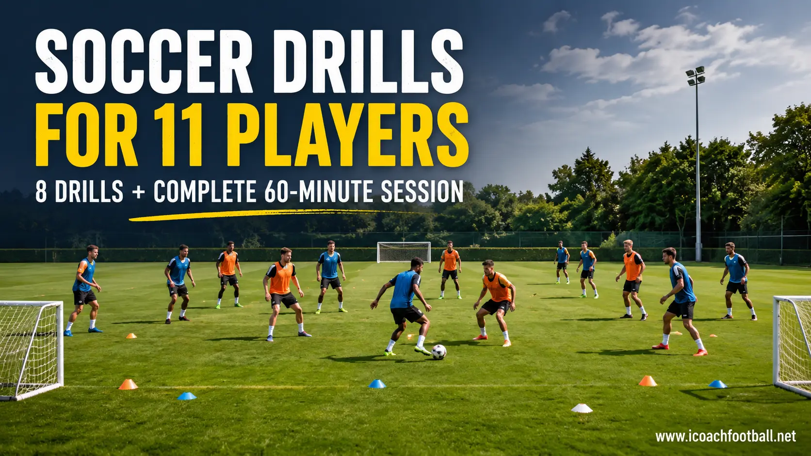Eleven soccer players completing a small-group training session using neutral-player and overload formats.