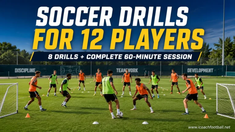 Twelve soccer players completing a balanced 6v6 training session with cones, bibs and mini goals.