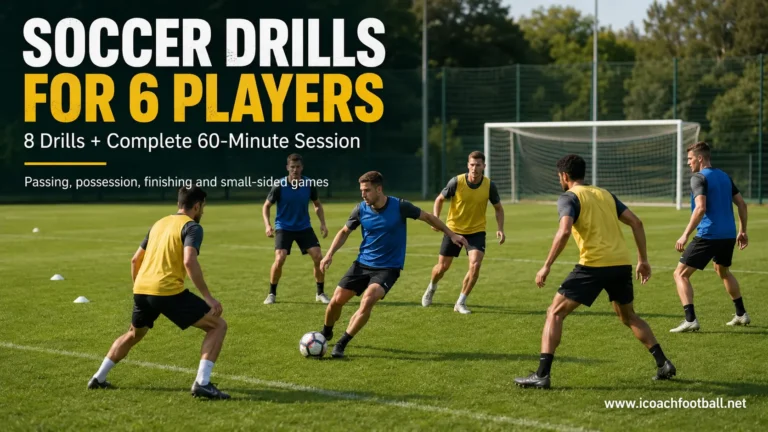 Six soccer players training in a small-sided session with passing, possession and finishing drills