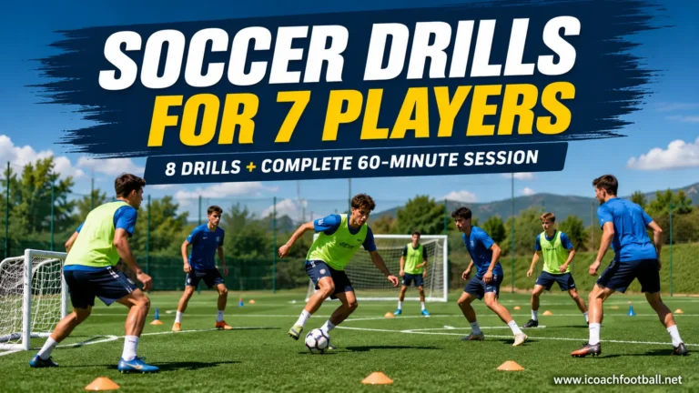 Seven soccer players completing a small-sided training session focused on passing, possession, overloads and finishing