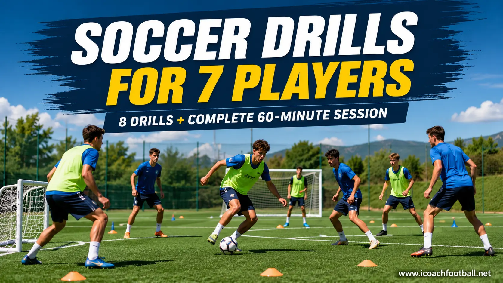 Seven soccer players completing a small-sided training session focused on passing, possession, overloads and finishing
