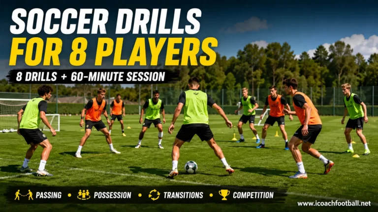 Eight soccer players training in a small-sided session focused on passing, possession, transitions and competition
