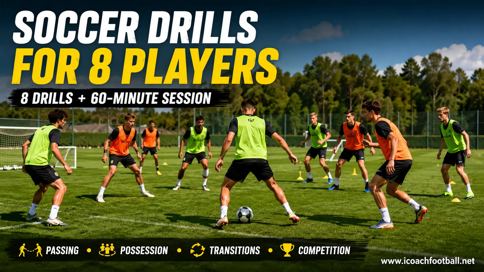 Eight soccer players training in a small-sided session focused on passing, possession, transitions and competition