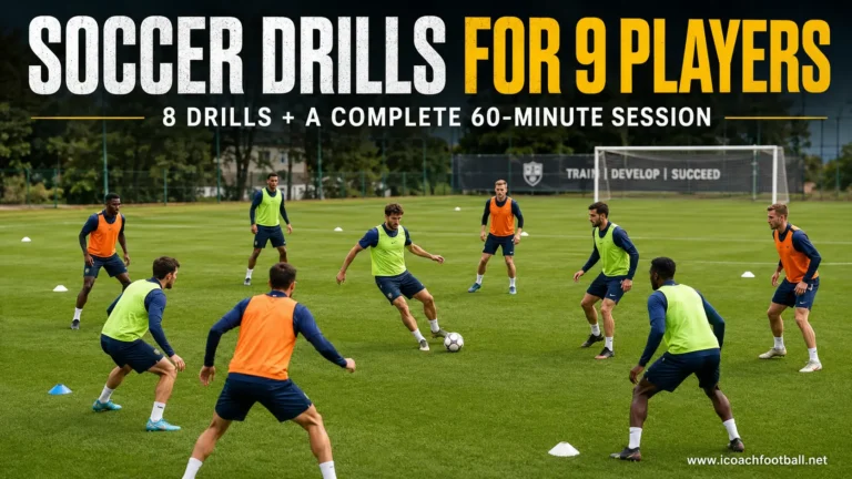 Nine soccer players completing a small-group training session with cones, bibs and mini goals.