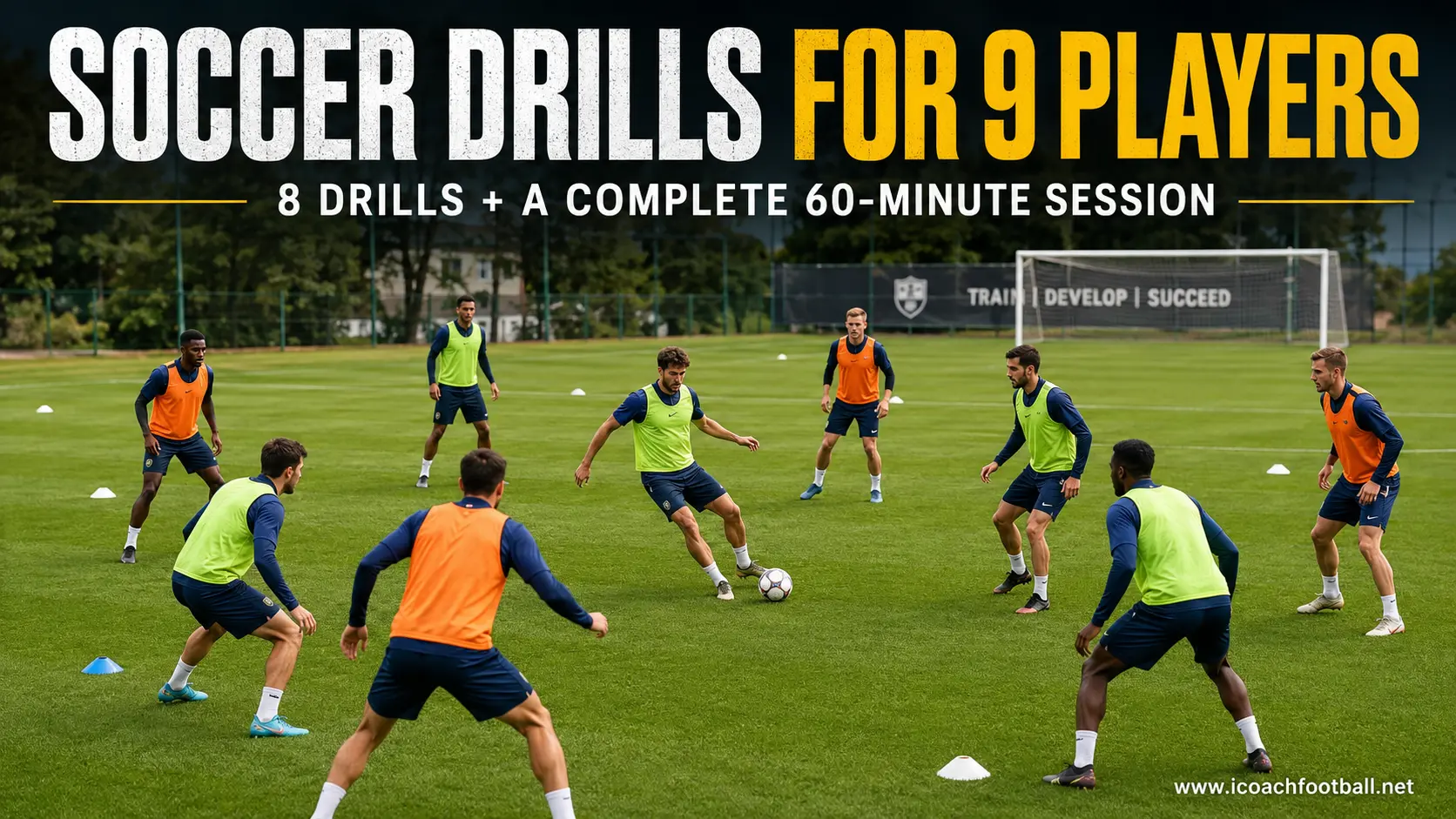 Nine soccer players completing a small-group training session with cones, bibs and mini goals.