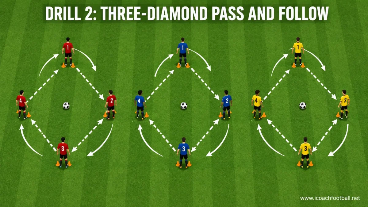 Three-Diamond Pass and Follow Drill Twelve soccer players completing pass-and-follow patterns in three diamond-shaped areas.