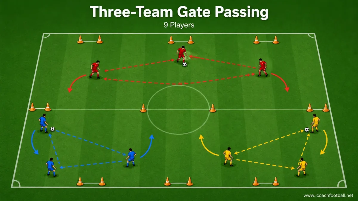 Three groups of three soccer players passing through cone gates inside a shared training area.