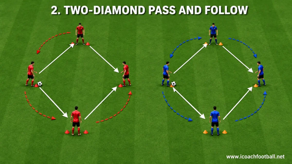 Eight soccer players completing passing and movement patterns in two diamond-shaped setups