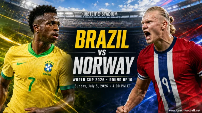 Watch Brazil vs Norway online preview graphic featuring Vinícius Júnior and Erling Haaland at MetLife Stadium.
