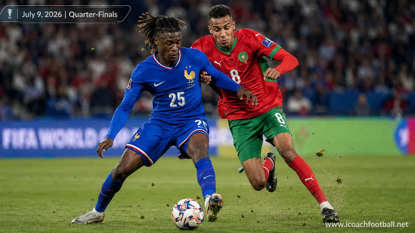 Eduardo Camavinga and Azzedine Ounahi in an intense tactical battle during the France vs Morocco Quarter-Final World Cup match.
