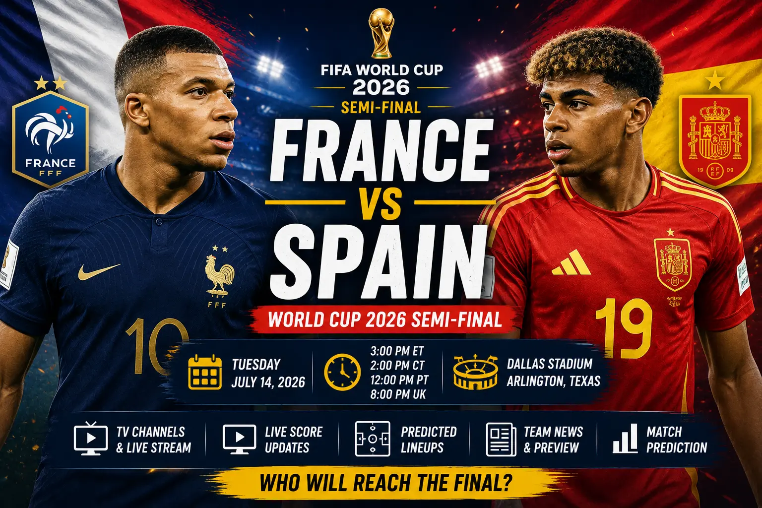 France vs Spain World Cup 2026 semi-final live stream guide at Dallas Stadium