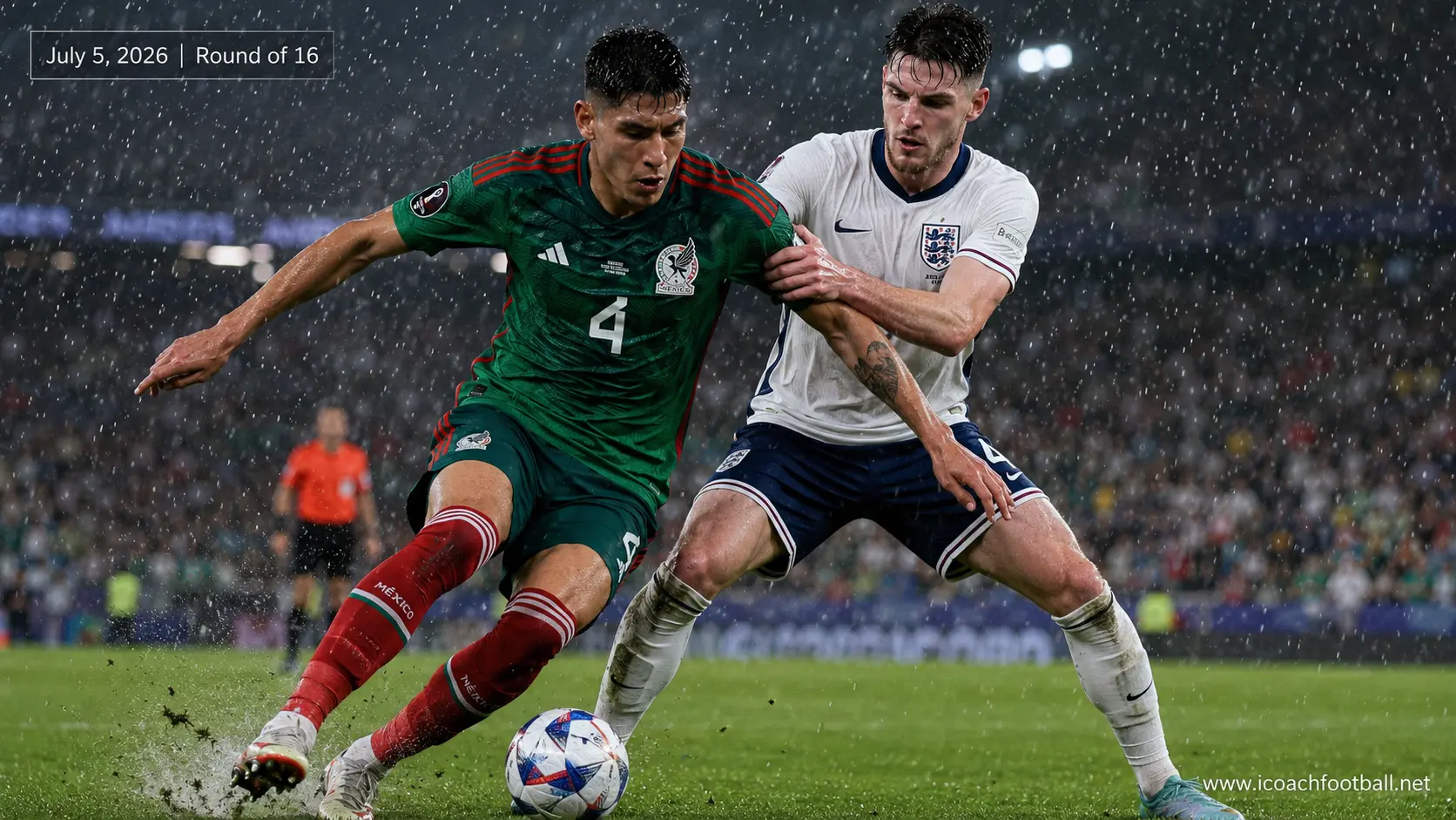 Edson Álvarez and Declan Rice in an intense tactical battle during the Mexico vs England Round of 16 World Cup match.