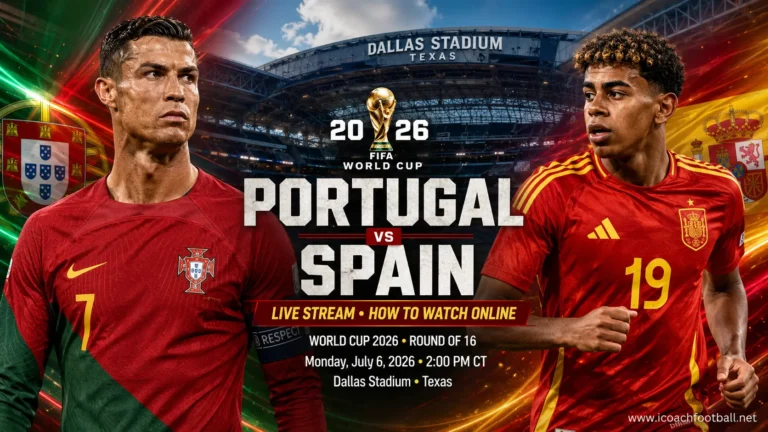 Watch Portugal vs Spain online preview graphic featuring Cristiano Ronaldo and Lamine Yamal at Dallas Stadium.