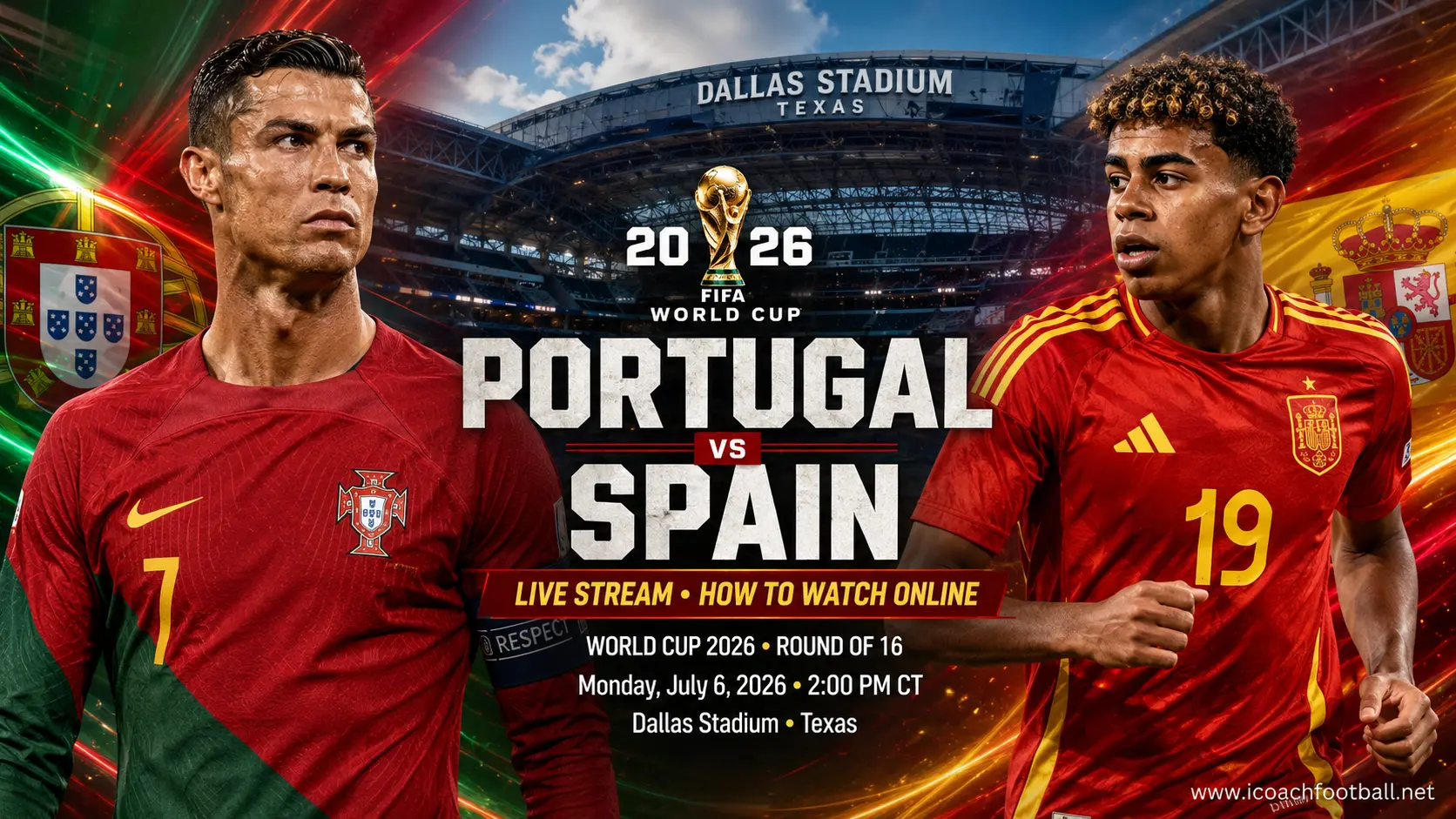 Watch Portugal vs Spain online preview graphic featuring Cristiano Ronaldo and Lamine Yamal at Dallas Stadium.