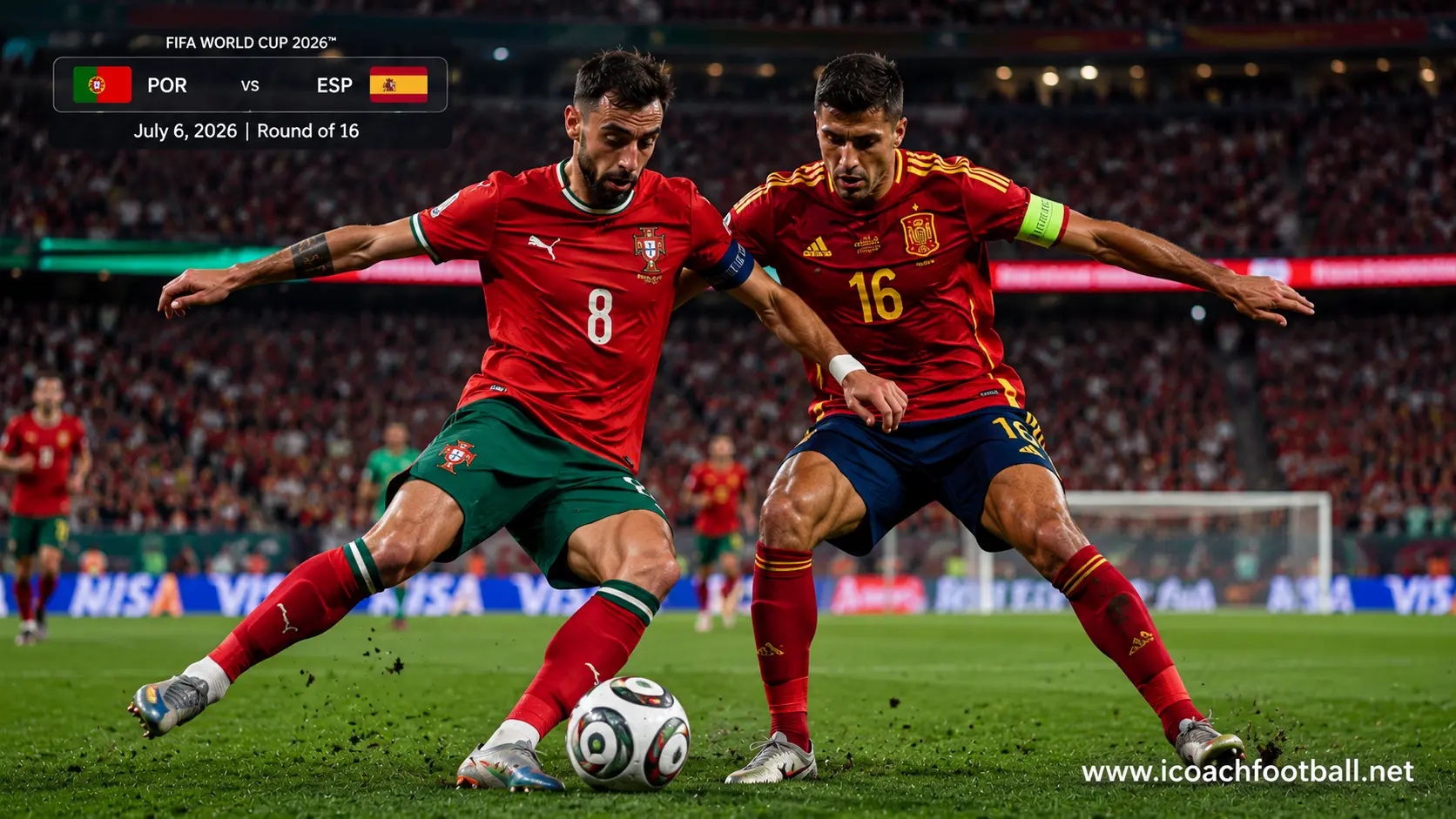Bruno Fernandes and Rodri in an intense tactical battle during the Portugal vs Spain Round of 16 World Cup match.