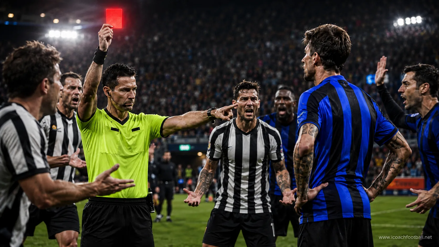 A referee showing a red card to a soccer player after issuing a second yellow card suspension during a match.