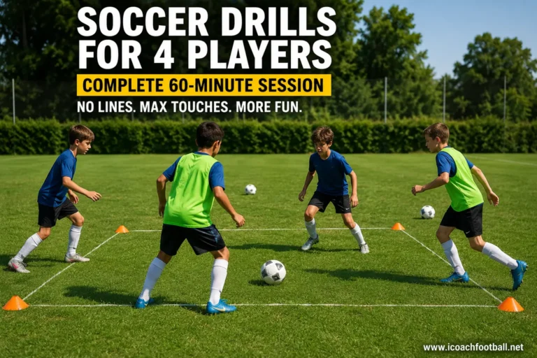 Four youth soccer players training in a small group passing session