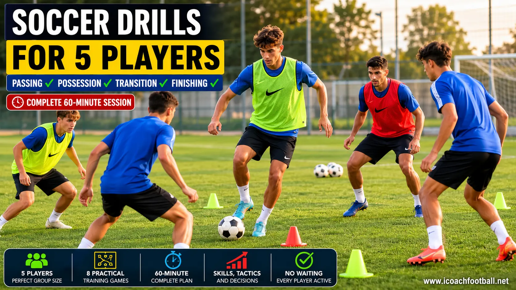 Five soccer players completing a small-group rondo training session