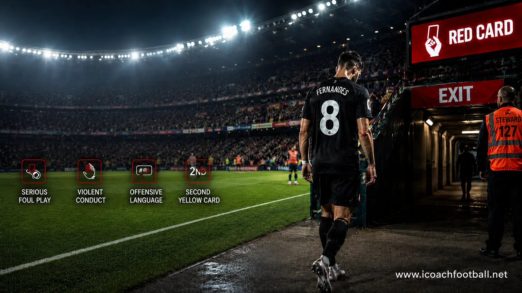 A soccer player walking off the pitch toward the locker room tunnel after receiving a straight red card suspension.