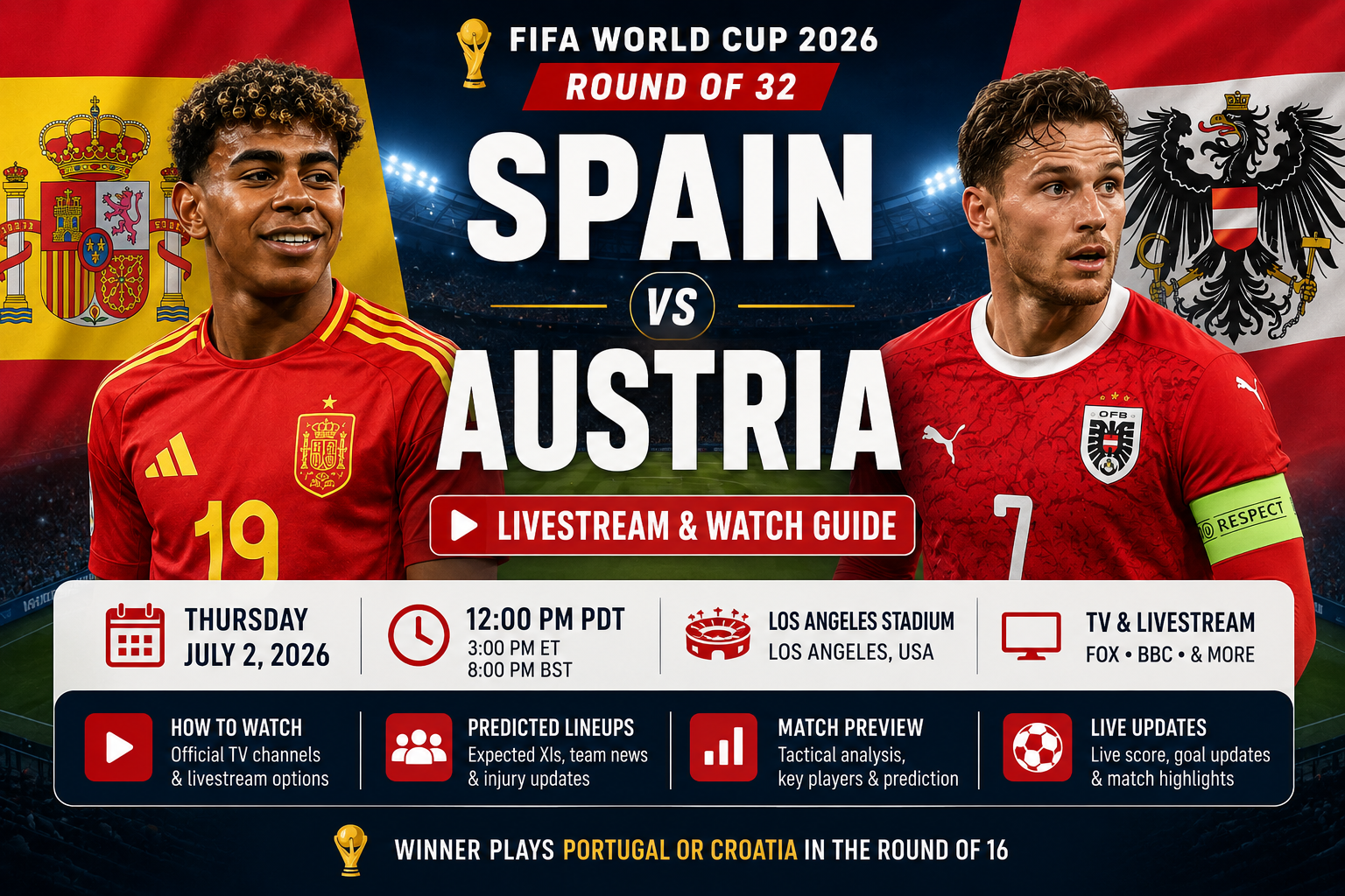 spain vs austria livestream free, world cup 2026 round of 32