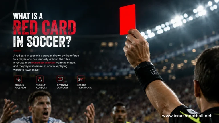 A close-up of a professional soccer referee holding up a red card to eject a player during a match.