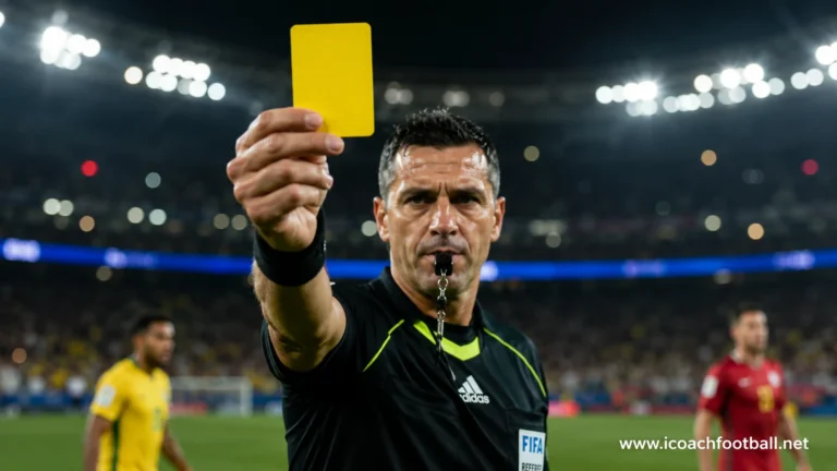 A close-up of a soccer referee holding up a yellow card during a professional match to issue a booking warning.