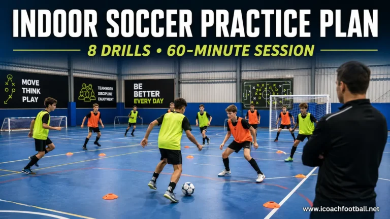 Soccer players completing an indoor training session with flat markers, bibs and mini goals.