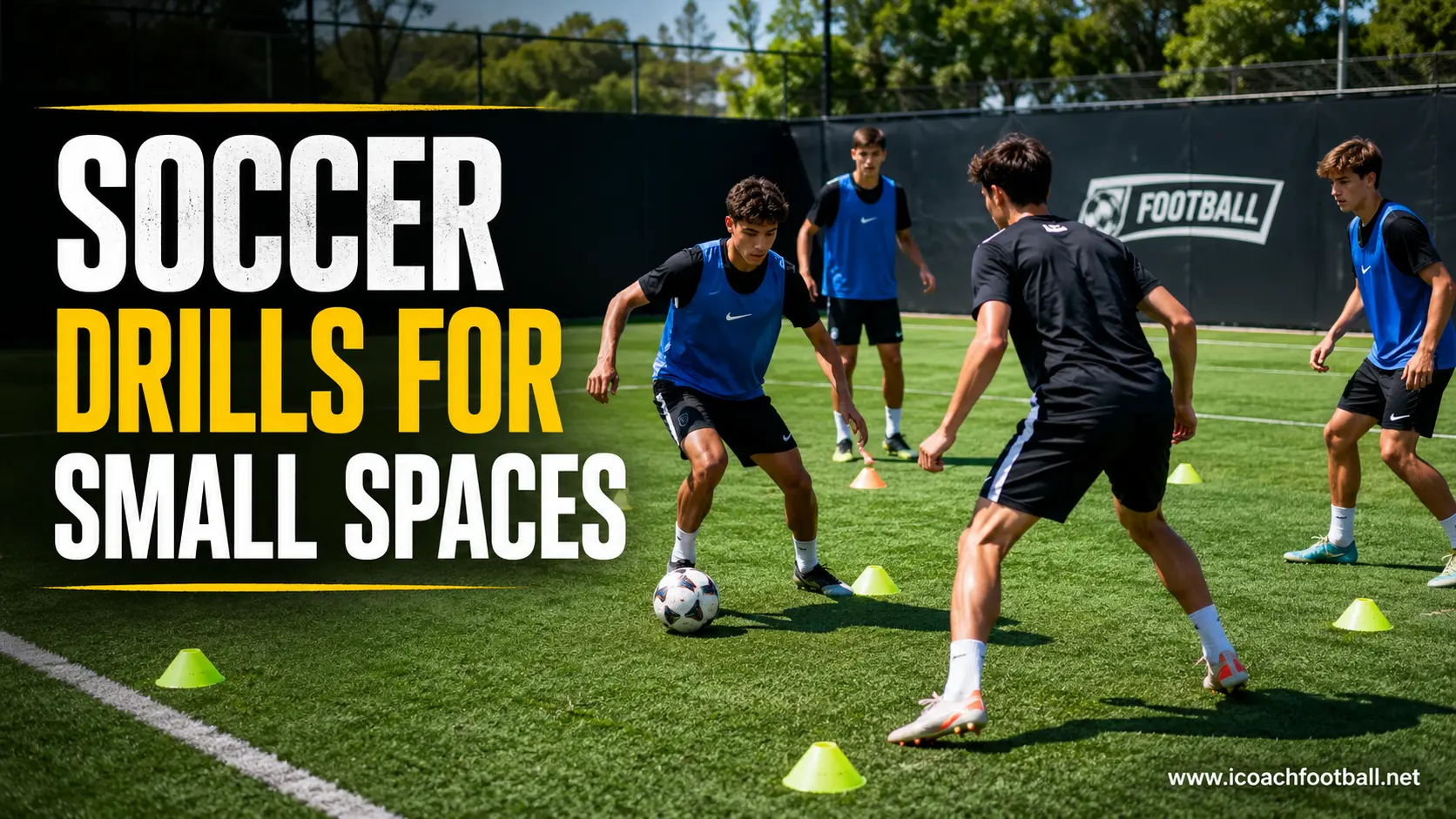 Soccer players completing a tight-space training session inside a compact marked area.