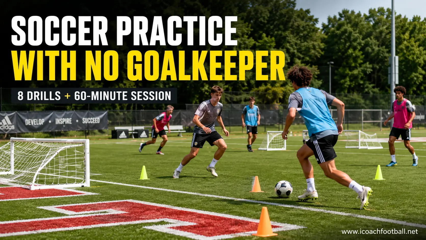 Outfield soccer players training with mini goals, cone gates and no goalkeeper.