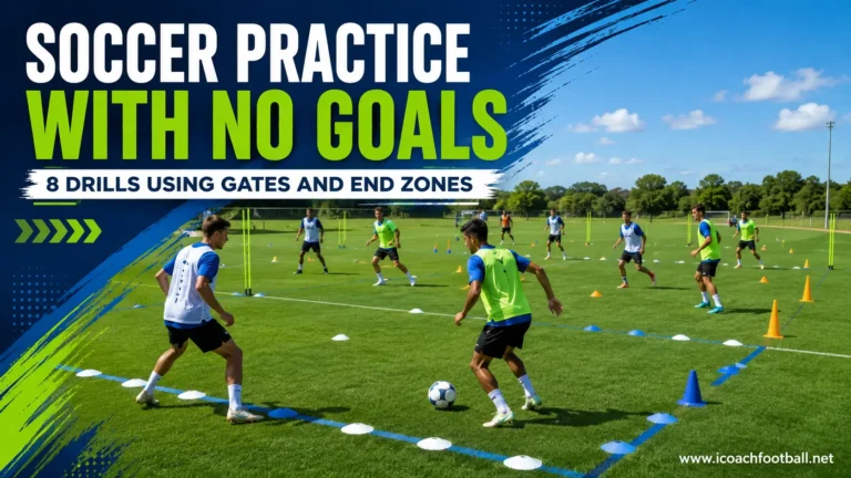 Soccer players training without goals using cone gates, end zones and target areas.