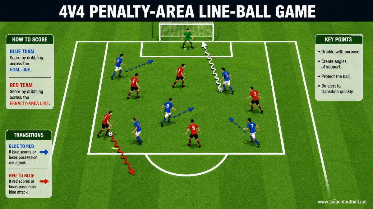 Four-versus-four line-ball game played inside a marked soccer penalty area without cones.
