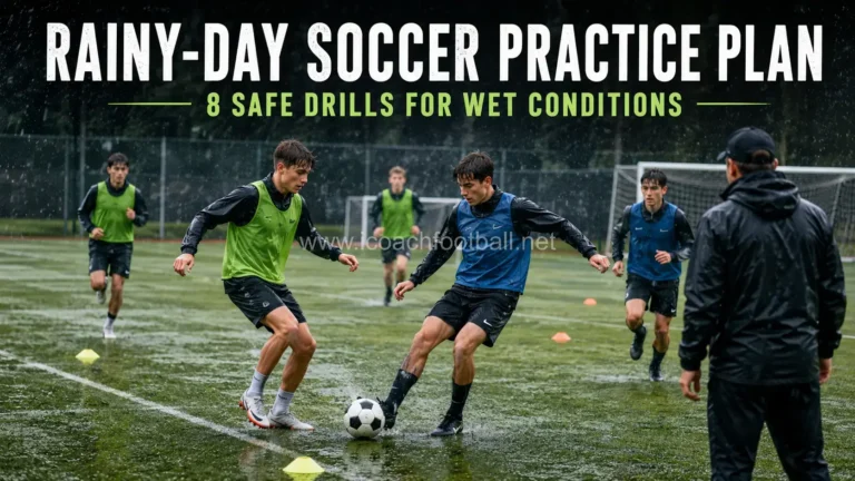 Soccer players completing a structured rainy-day training session on a safe wet field.