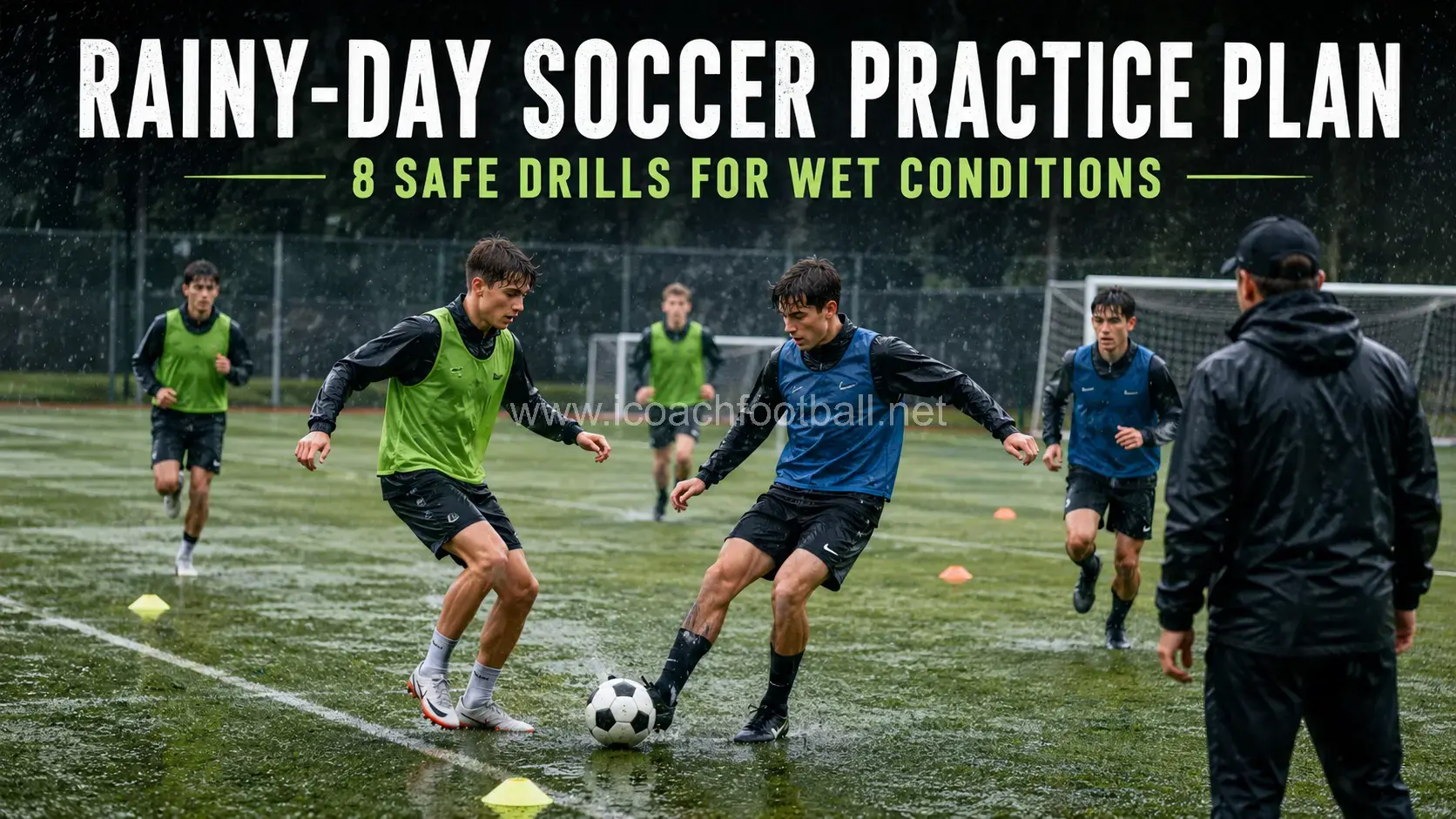 Soccer players completing a structured rainy-day training session on a safe wet field.